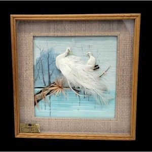 CAC Vintage Feather Art White Peacocks Birds Trees Water 3D Framed Matted 10.25"